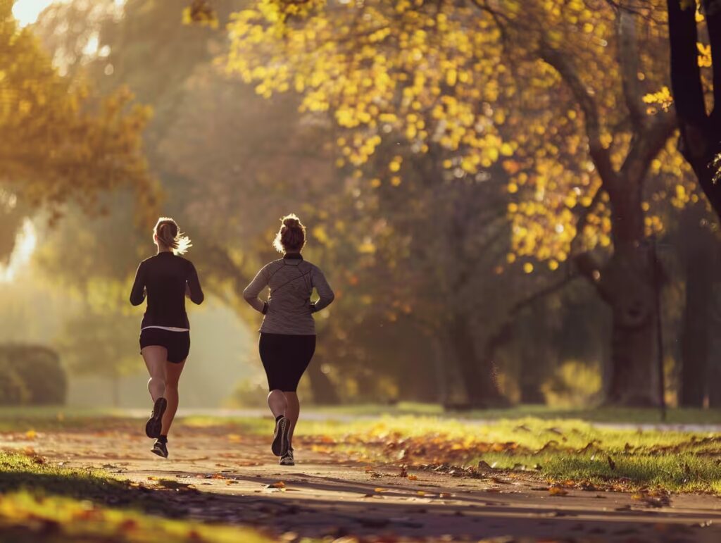 Two women running in a park
